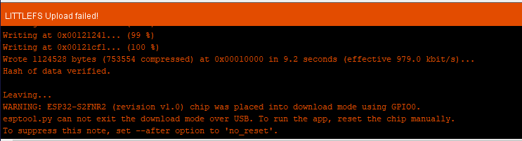 WARNING: ESP32-S2FNR2 (revision v1.0) chip was placed into download mode using GPIO0.
esptool.py can not exit the download mode over USB. To run the app, reset the chip manually.
To suppress this note, set --after option to 'no_reset'.